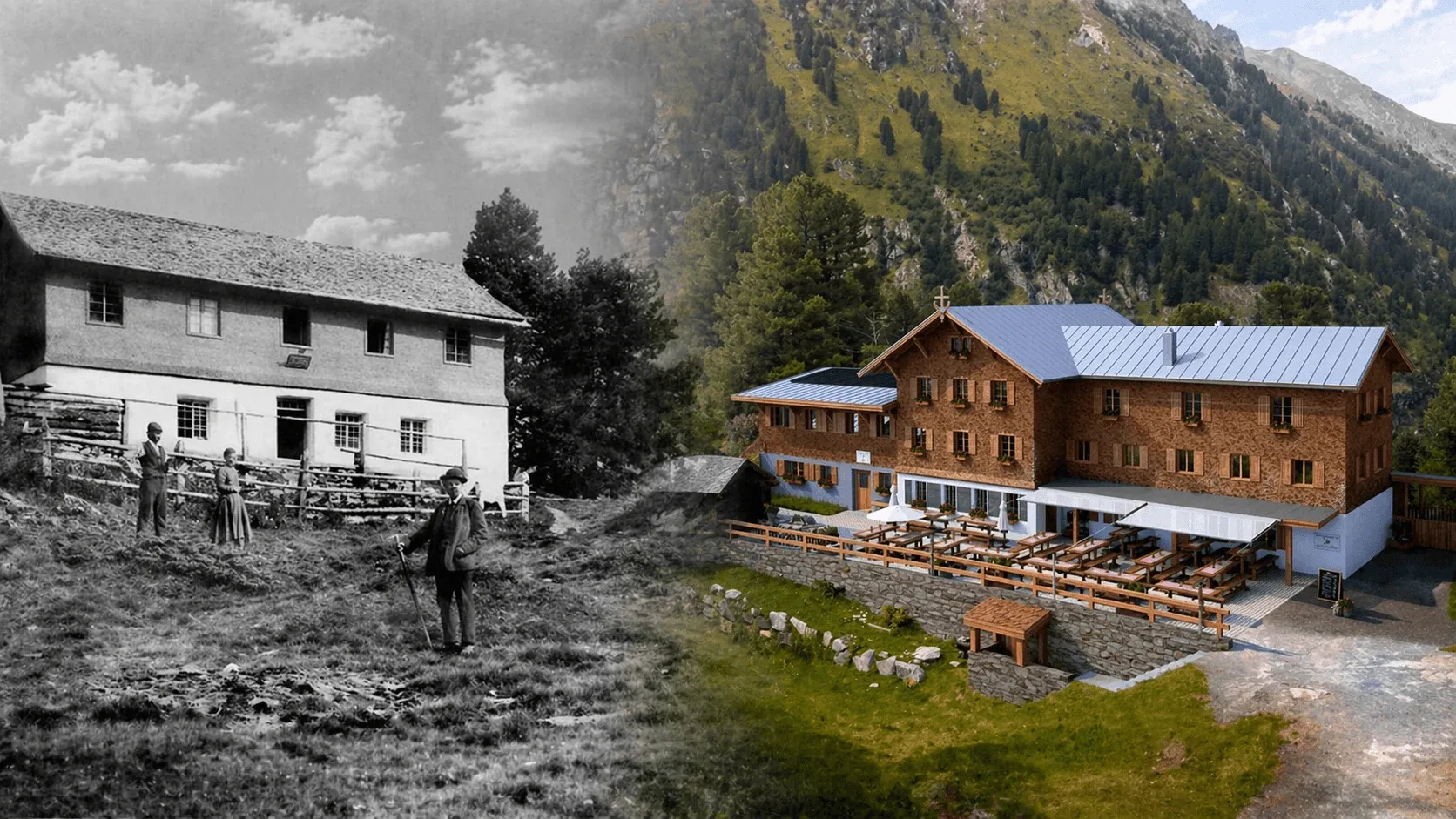 Wanderer in den Alpen blicken auf einen freundlichen Hund